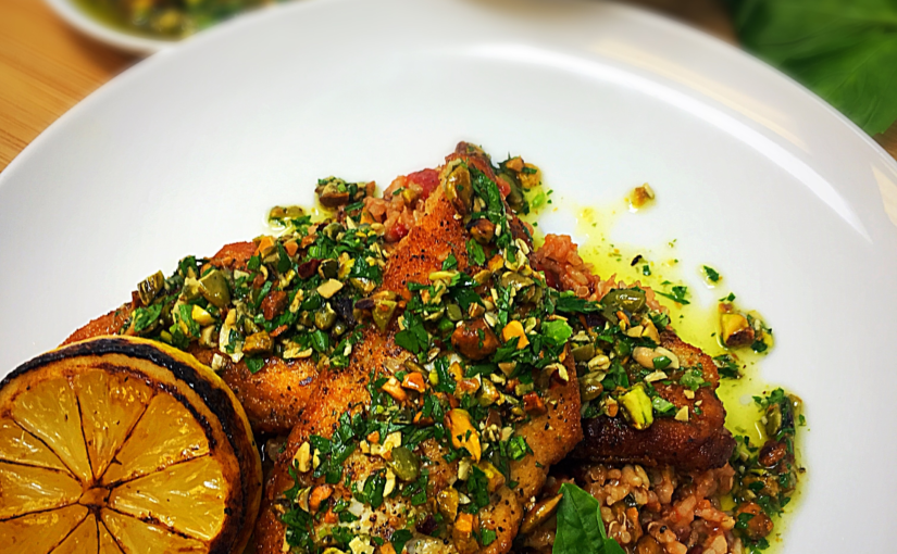 Oven Baked Flounder with Pistachio Pesto & Ancient Grains