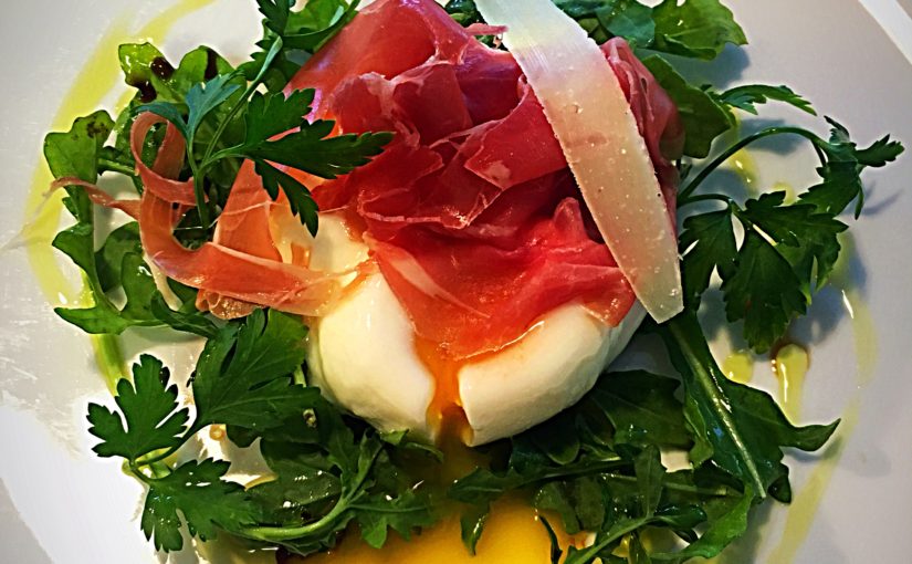 Poached Egg, Prosciutto di San Daniele, Parmigiano-Reggiano, Arugula and White Balsamic Dressing